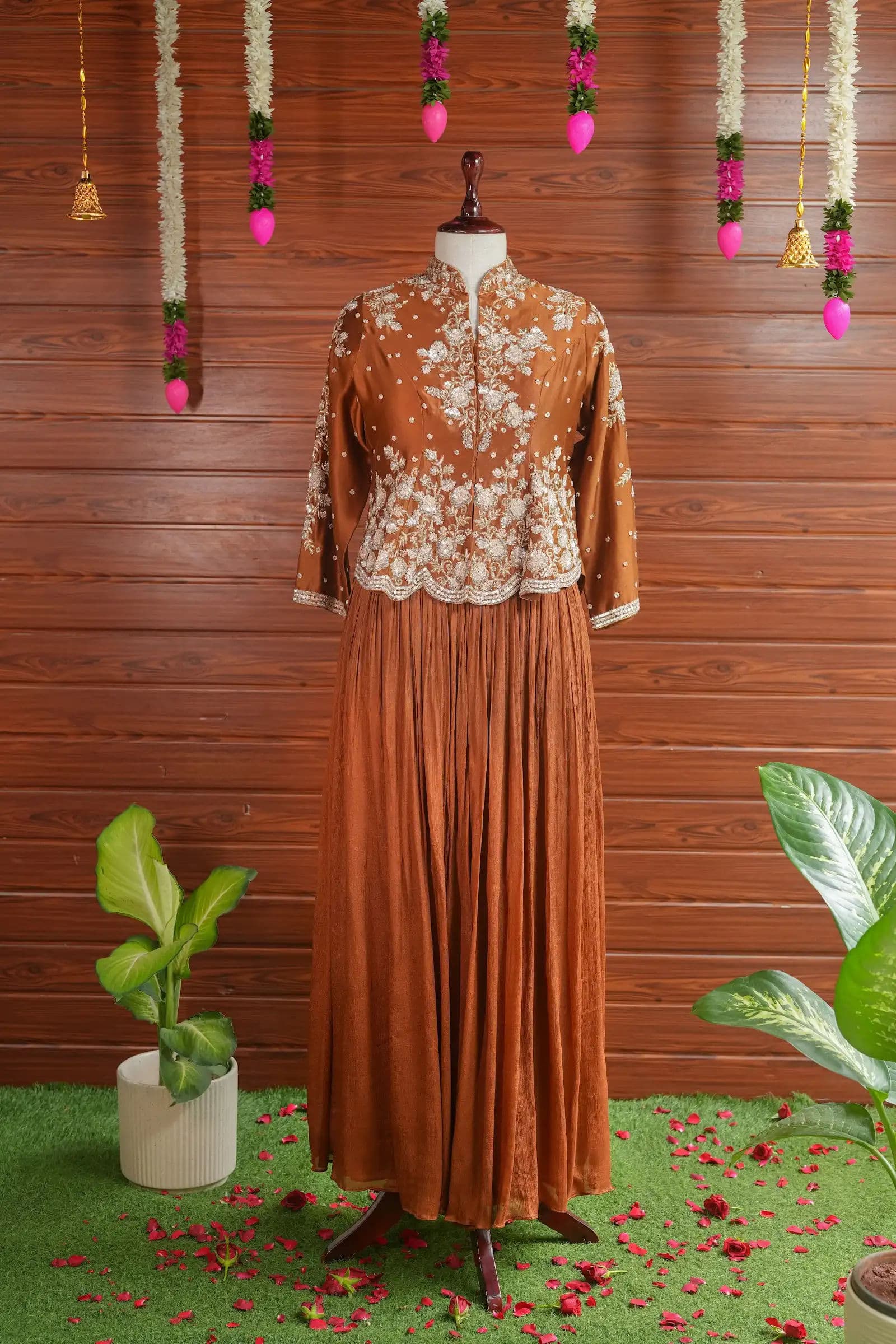 Rust Anarkali with Embroidered Jacket