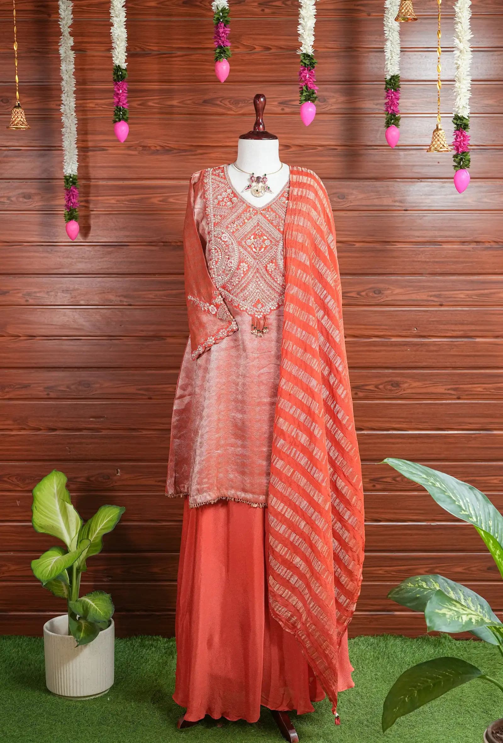 Coral Angrakha with Leheriya Dupatta
