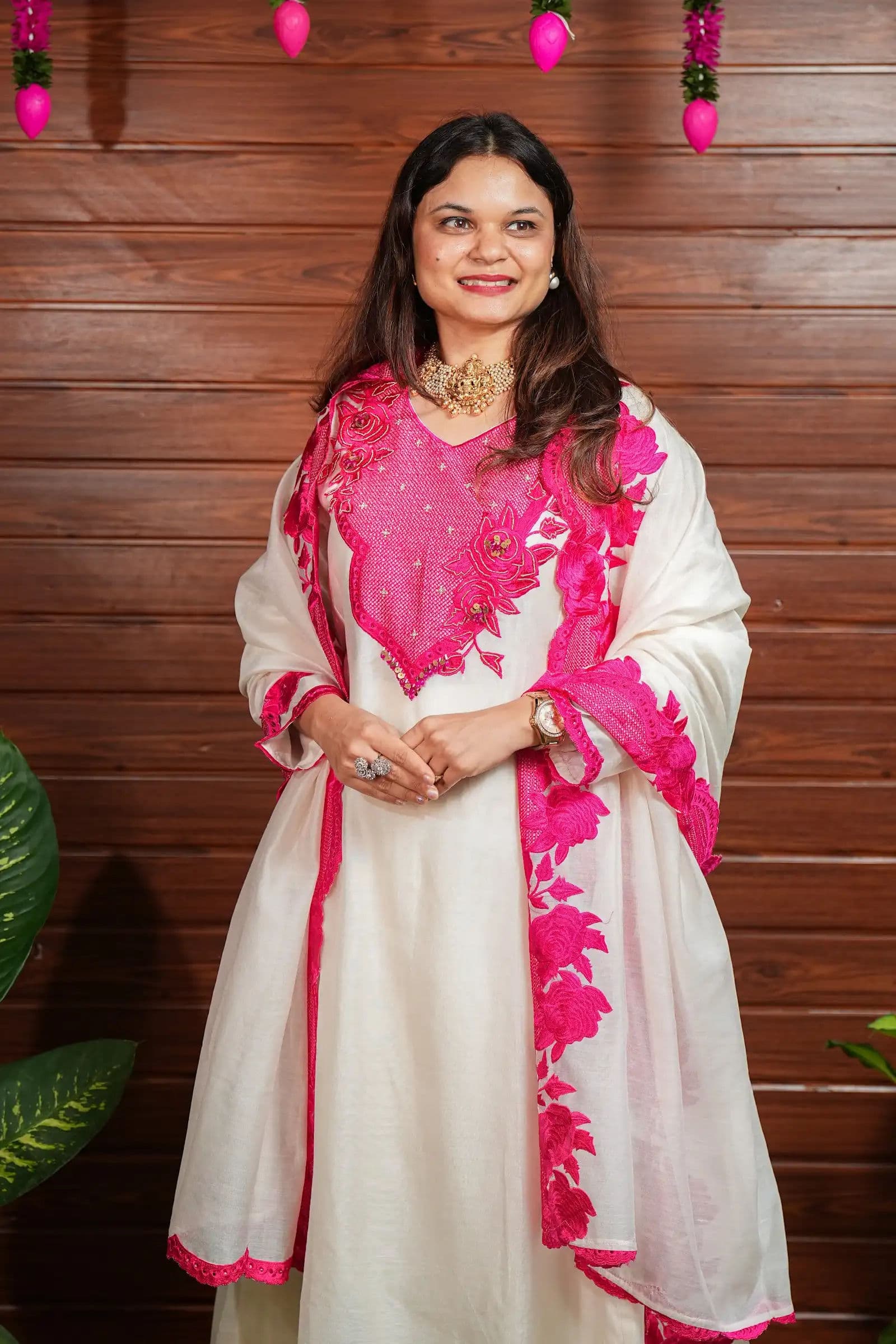 Ivory Anarkali with Fuchsia Applique