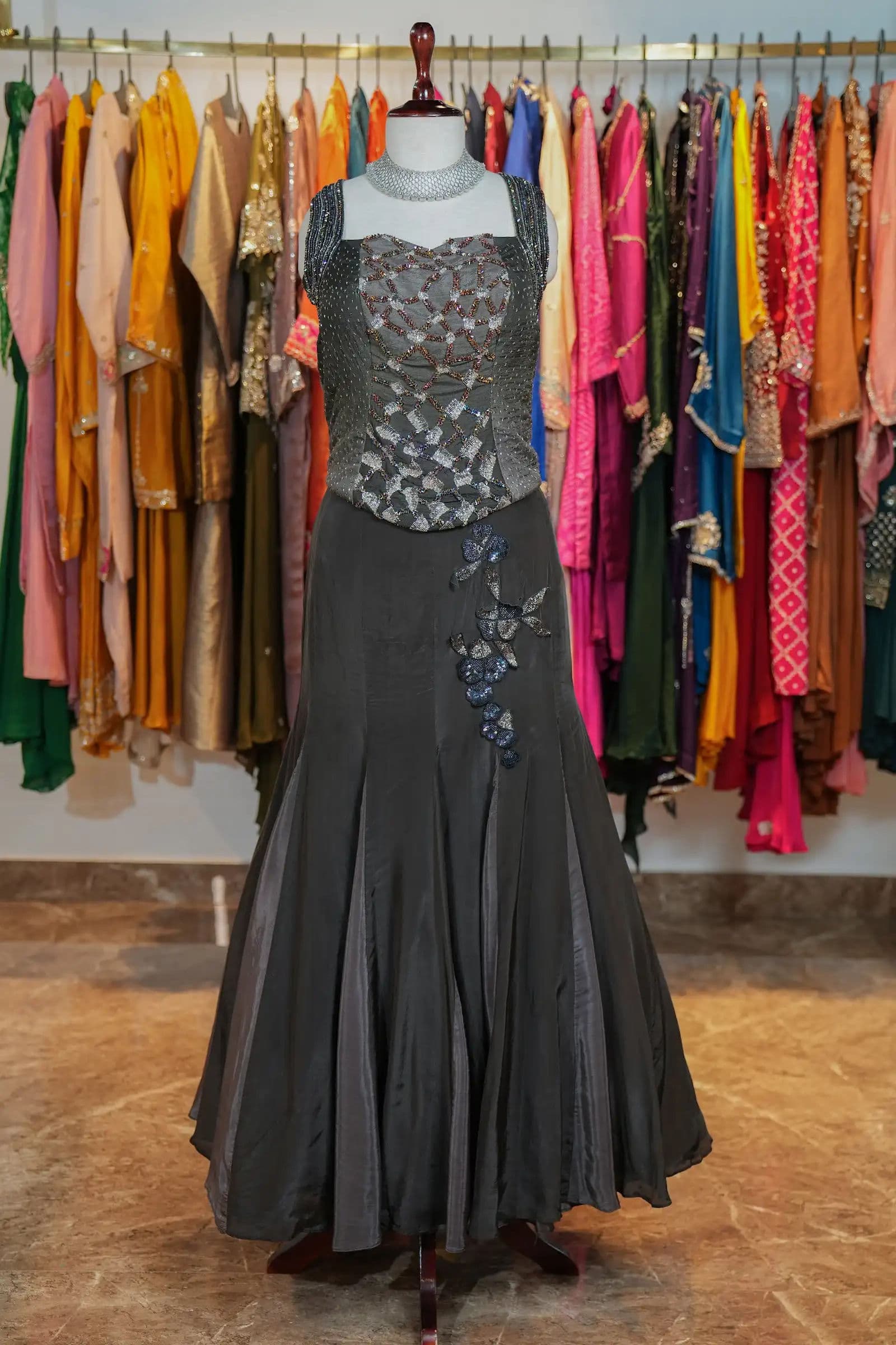 Charcoal Embroidered Gown
