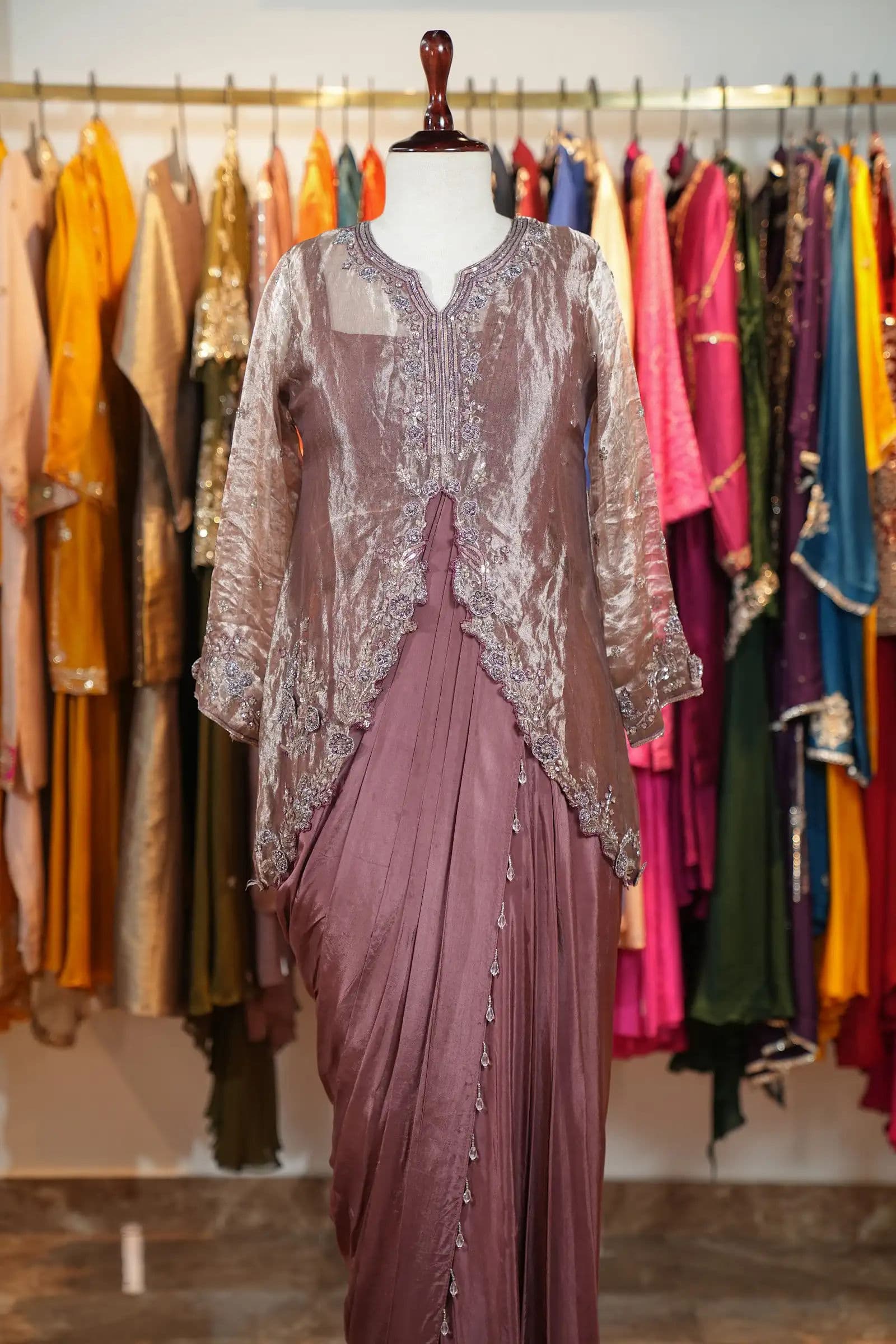 Mauve Drape Gown with Tissue Jacket