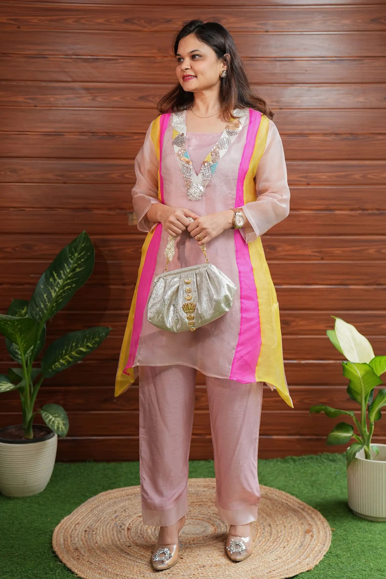 Blush Organza Panelled Kurta Set