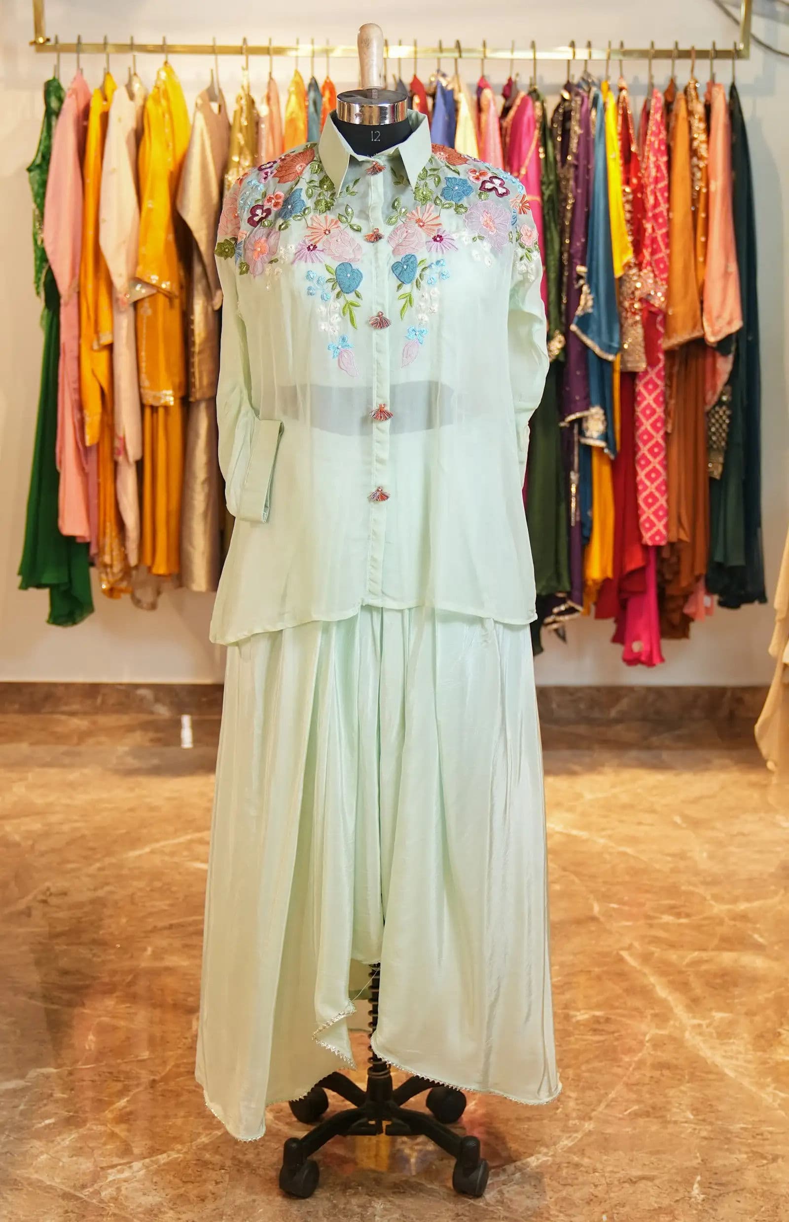 Mint Organza Embroidered Sharara Set