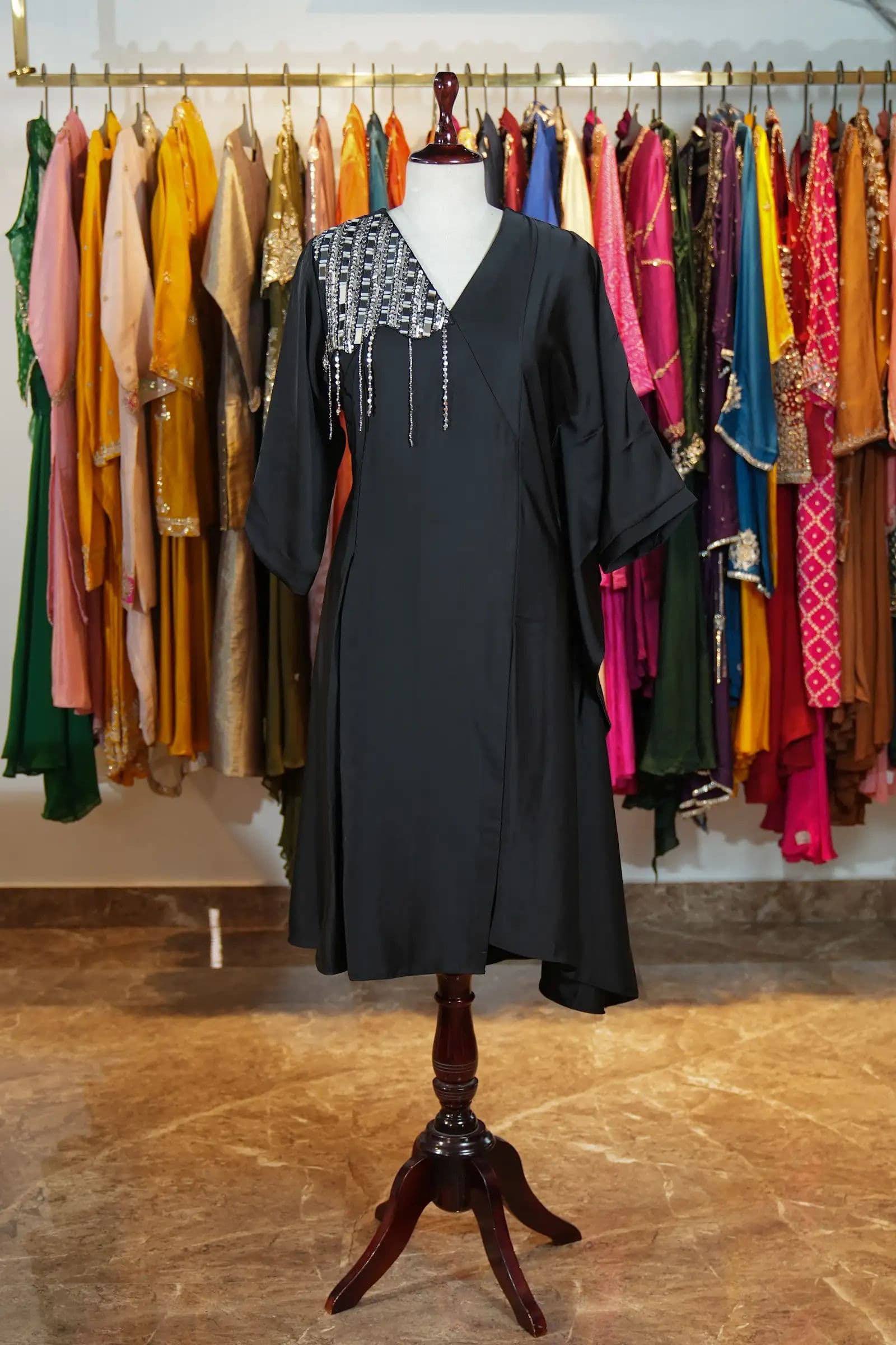 Black Kaftan Dress with Embellished Collar